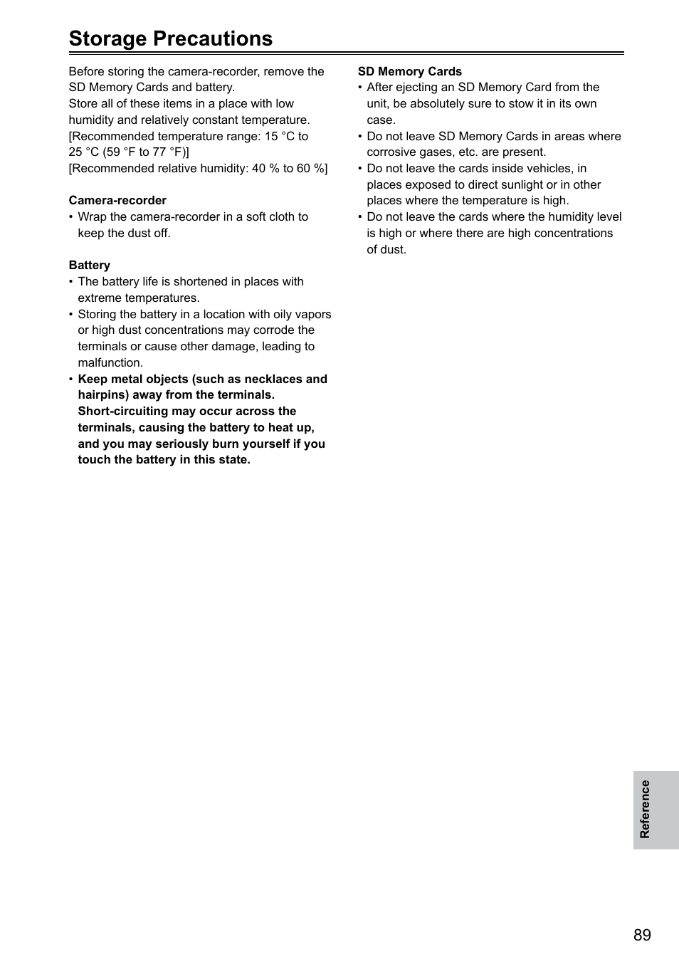Storage precautions | Panasonic AG-3DA1P User Manual | Page 89 / 96