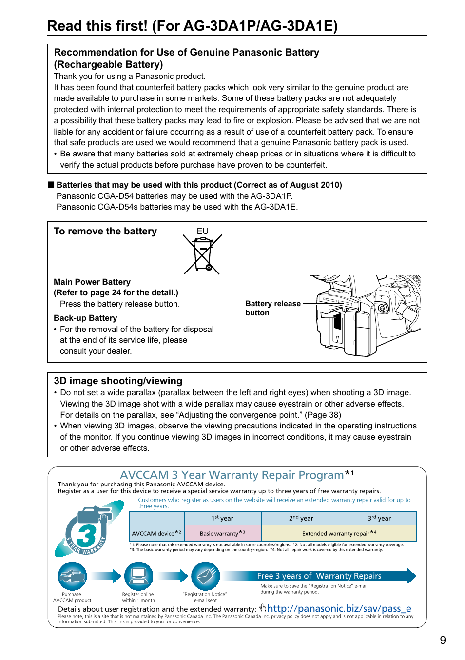Read this first! (for ag-3da1p/ag-3da1e), 3d image shooting/viewing, Avccam 3 year warranty repair program | Panasonic AG-3DA1P User Manual | Page 9 / 96