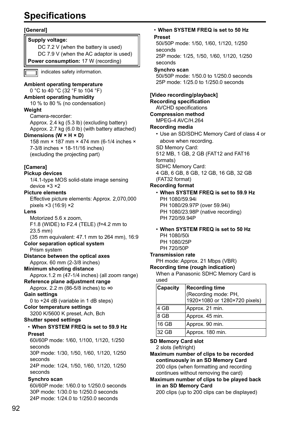 Specifications | Panasonic AG-3DA1P User Manual | Page 92 / 96