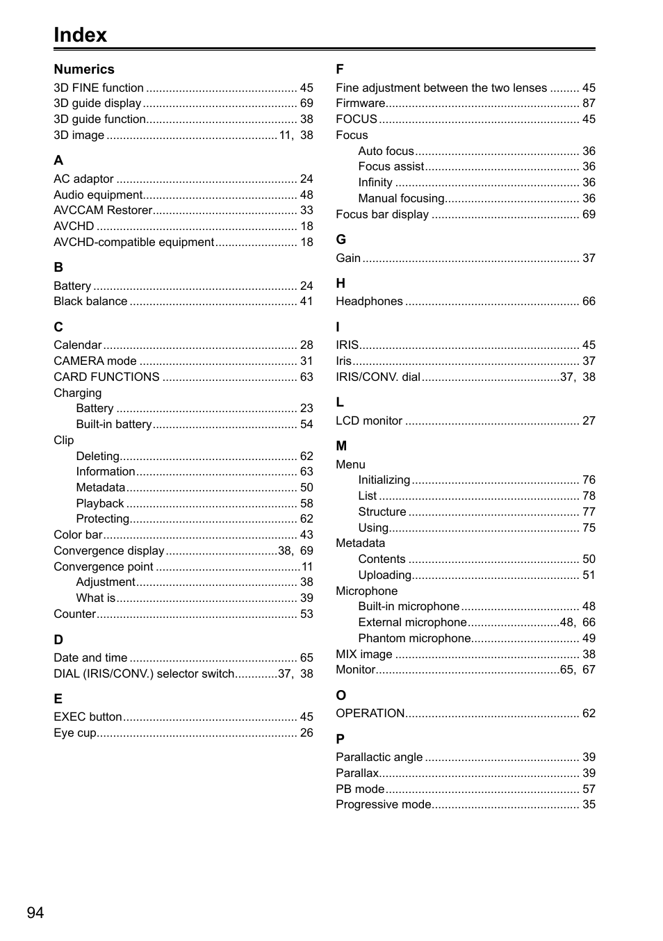 Index | Panasonic AG-3DA1P User Manual | Page 94 / 96