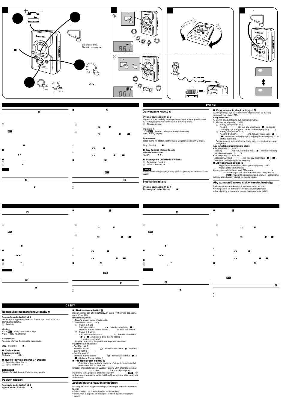 Tape/ off/ /rew hold xbs preset, Ff o pe n, Stere o rad io cas sette playe r | Radio on / band radio on / band radio on / ban d, Radio on / band, Am (mw) fm (ukw) | Panasonic RQ-SX58V User Manual | Page 4 / 4