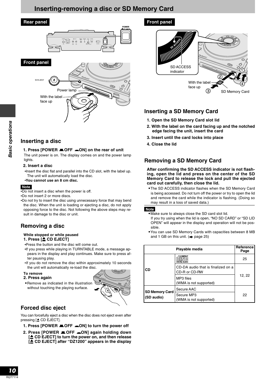 Basic operations, Inserting-removing a disc or sd memory card, Inserting a disc | Removing a disc, Forced disc eject | Panasonic RQT7114-2Y User Manual | Page 10 / 28