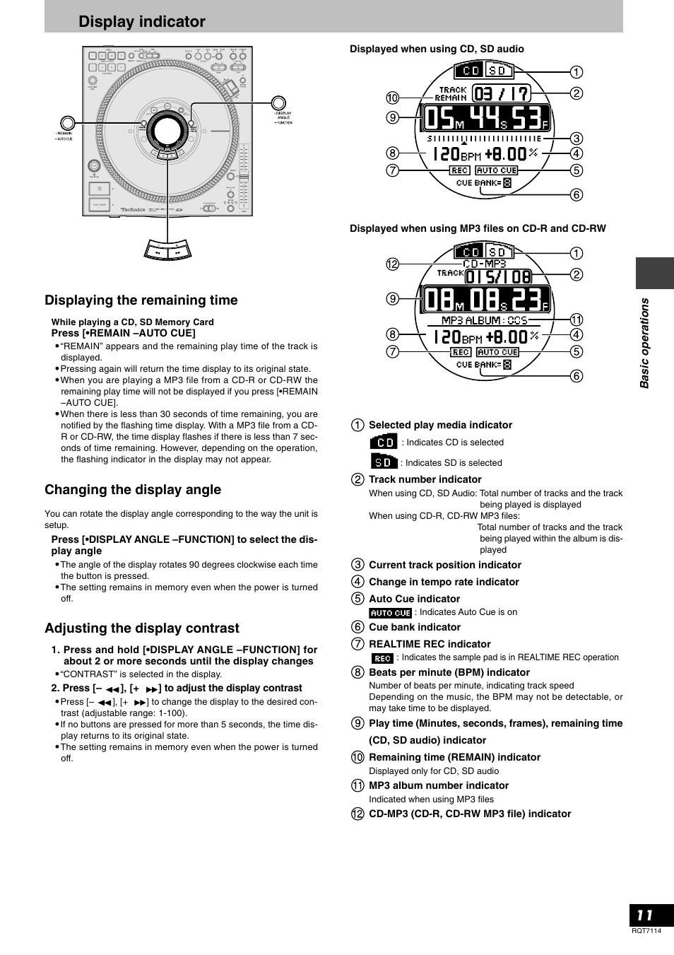 Display indicator, Displaying the remaining time, Changing the display angle | Adjusting the display contrast | Panasonic RQT7114-2Y User Manual | Page 11 / 28