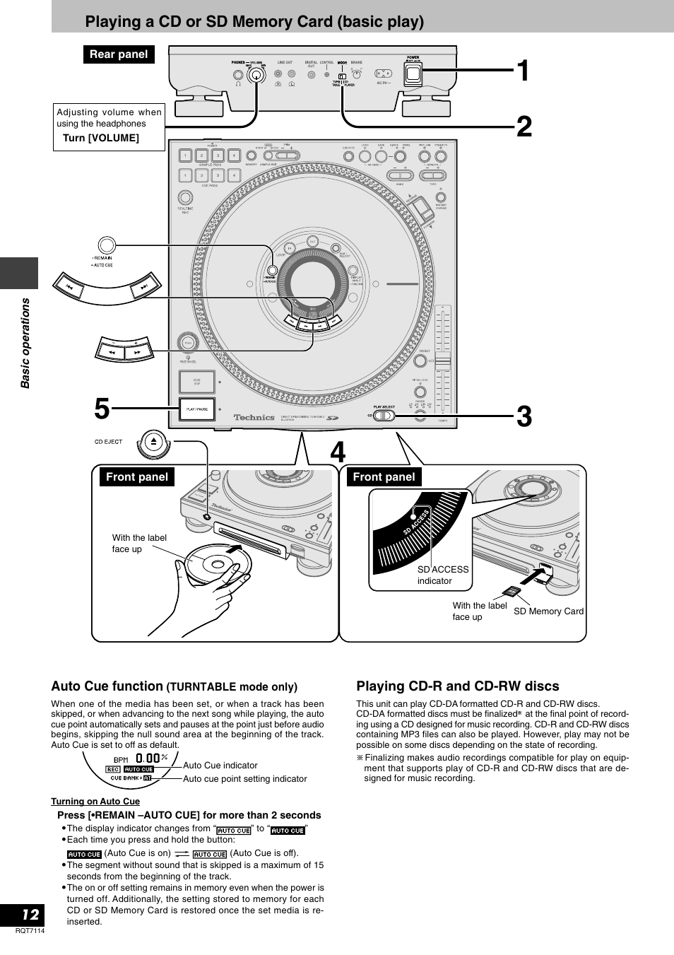 Playing a cd or sd memory card (basic play) | Panasonic RQT7114-2Y User Manual | Page 12 / 28