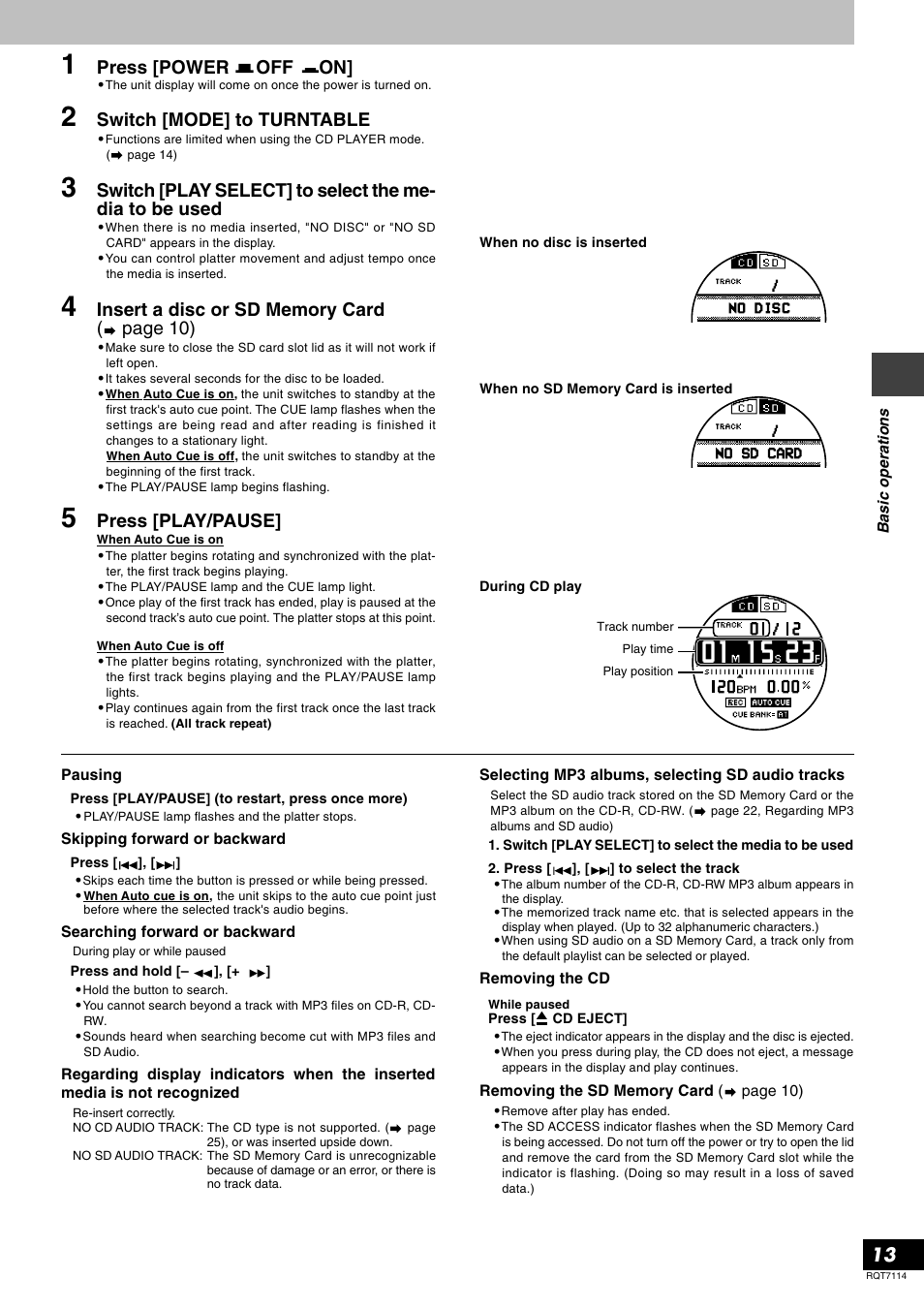 Press [power off on, Press [play/pause, Switch [mode] to turntable | Panasonic RQT7114-2Y User Manual | Page 13 / 28