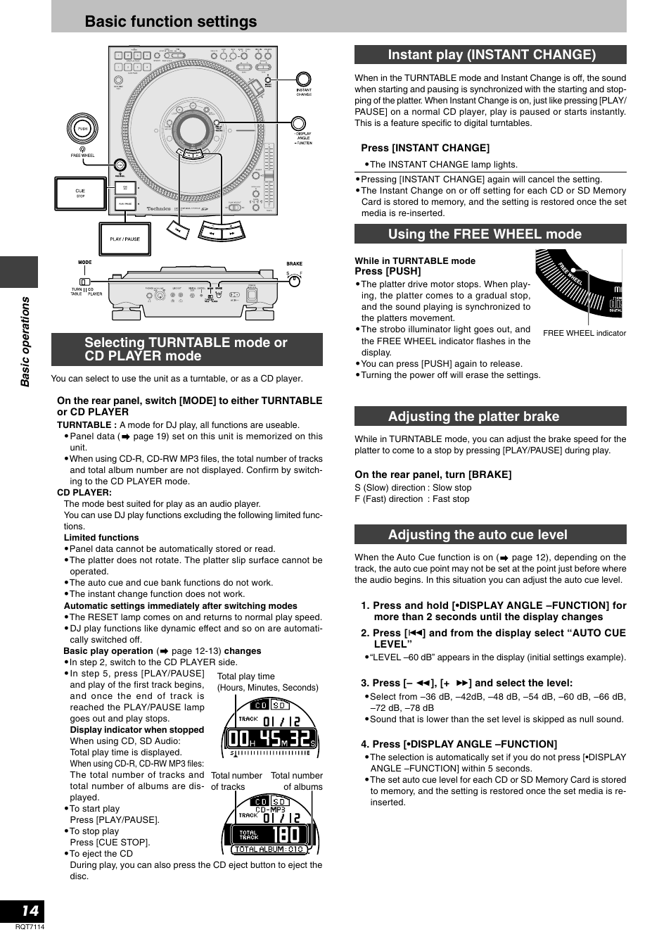 Basic function settings, Selecting turntable mode or cd player mode, Instant play (instant change) | Using the free wheel mode, Adjusting the platter brake, Adjusting the auto cue level | Panasonic RQT7114-2Y User Manual | Page 14 / 28