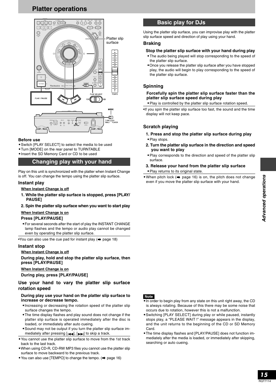 Advanced operations, Platter operations, Changing play with your hand | Basic play for djs | Panasonic RQT7114-2Y User Manual | Page 15 / 28