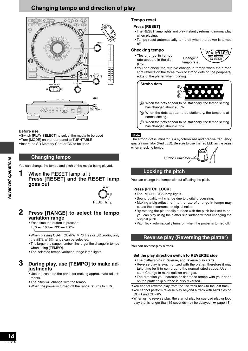 Changing tempo and direction of play, Locking the pitch, Reverse play (reversing the platter) | Changing tempo, Press [range] to select the tempo variation range, During play, use [tempo] to make ad- justments | Panasonic RQT7114-2Y User Manual | Page 16 / 28