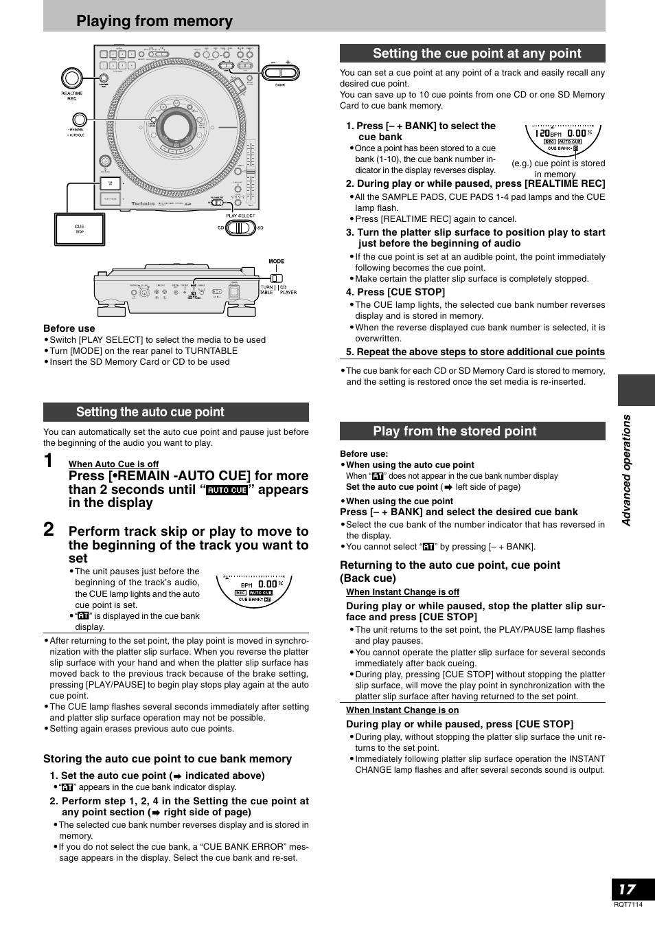 Playing from memory, Setting the auto cue point, Setting the cue point at any point | Play from the stored point | Panasonic RQT7114-2Y User Manual | Page 17 / 28