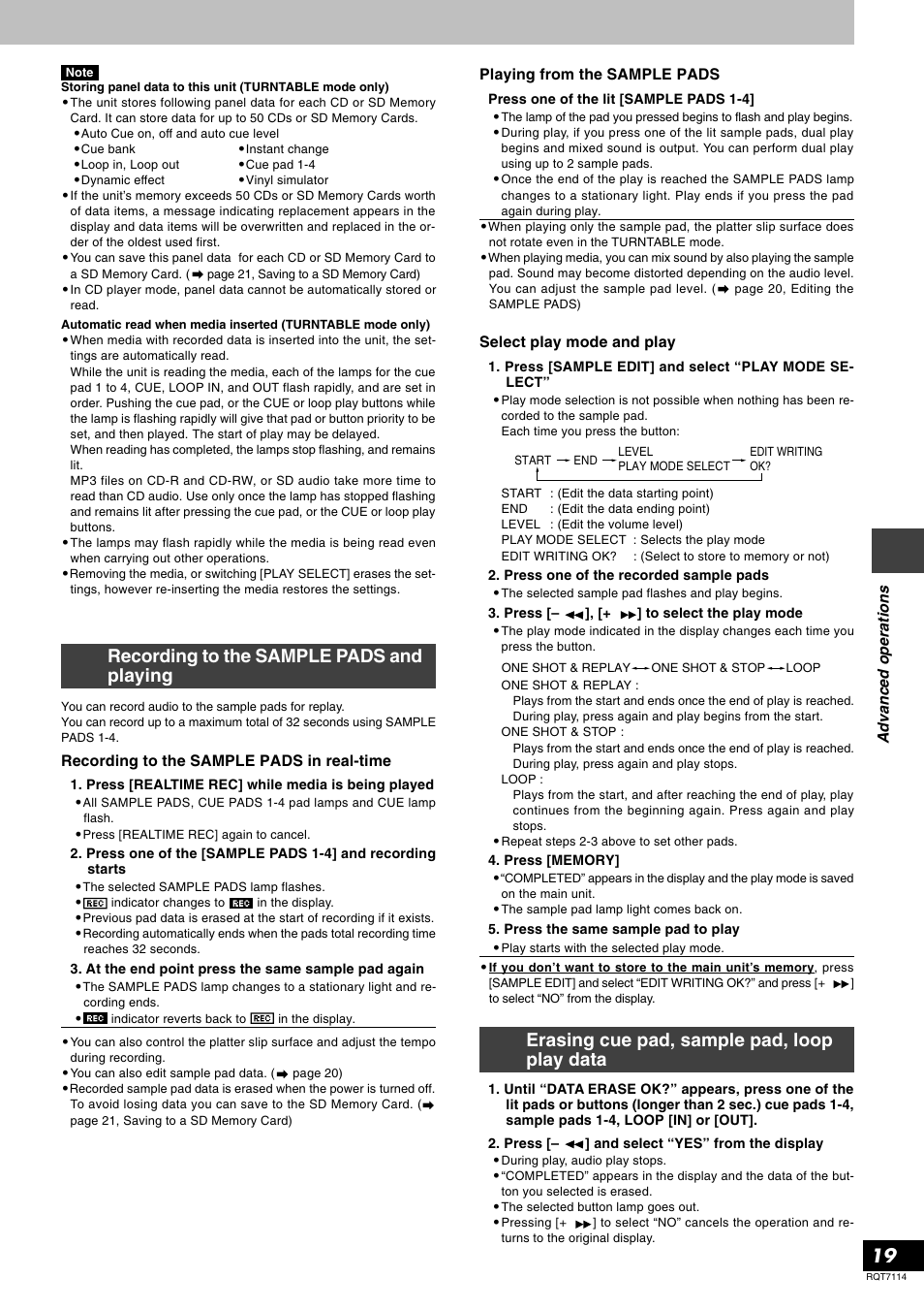 Recording to the sample pads and playing, Erasing cue pad, sample pad, loop play data | Panasonic RQT7114-2Y User Manual | Page 19 / 28