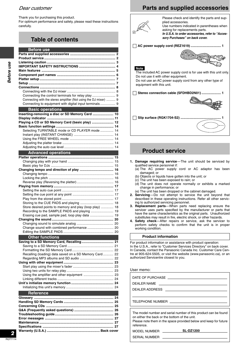 Panasonic RQT7114-2Y User Manual | Page 2 / 28