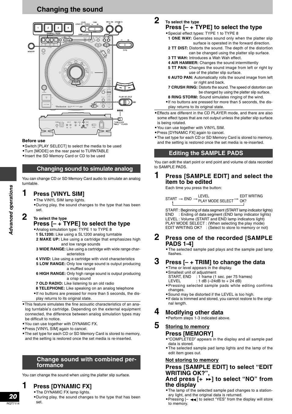 Changing the sound, Press [vinyl sim, Press [– + type] to select the type | Changing sound to simulate analog, Press [dynamic fx, Change sound with combined per- formance, Press one of the recorded [sample pads 1-4, Editing the sample pads, Press [– + trim] to change the data, Modifying other data | Panasonic RQT7114-2Y User Manual | Page 20 / 28