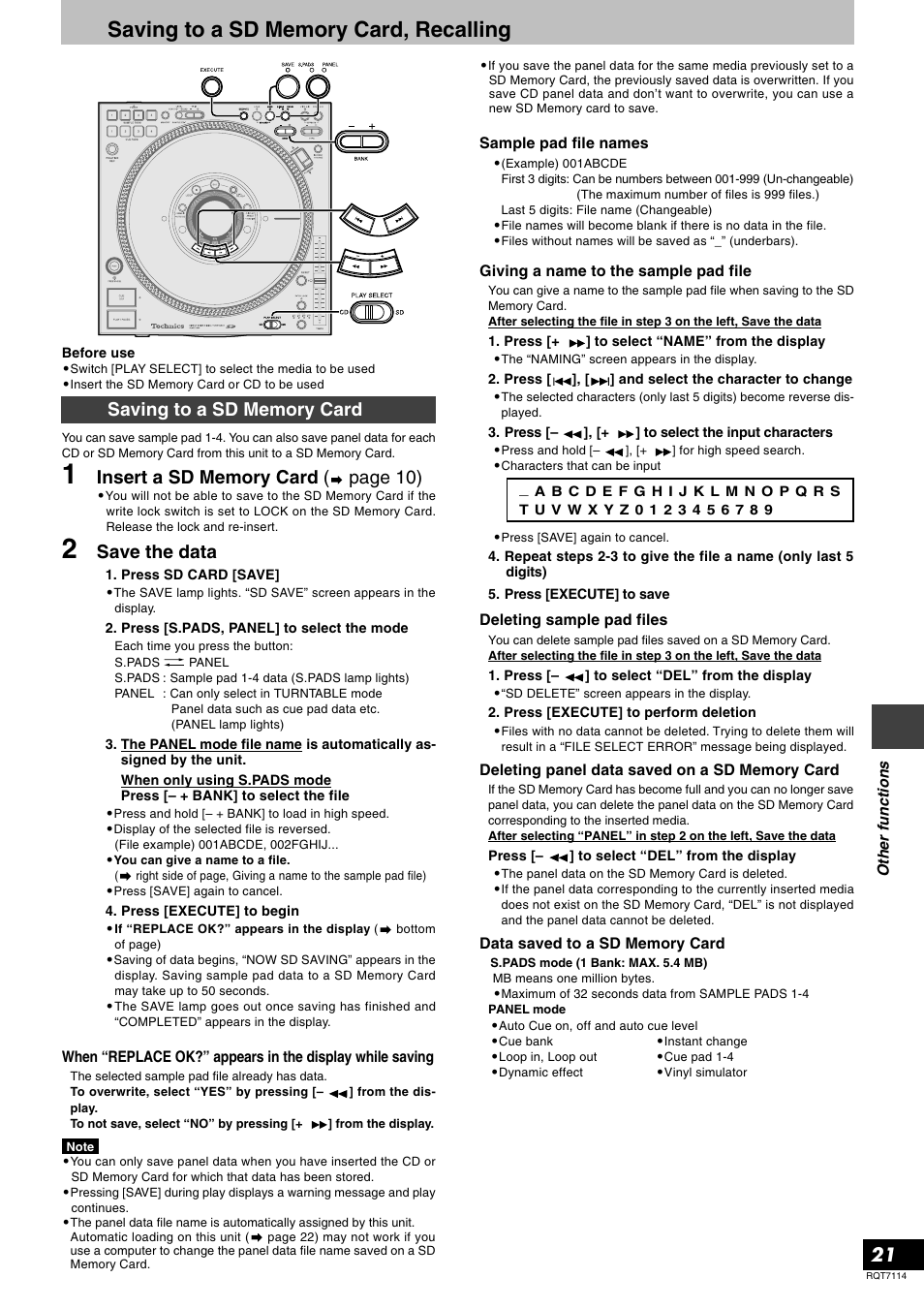 Other functions, Saving to a sd memory card, recalling, Save the data | Panasonic RQT7114-2Y User Manual | Page 21 / 28