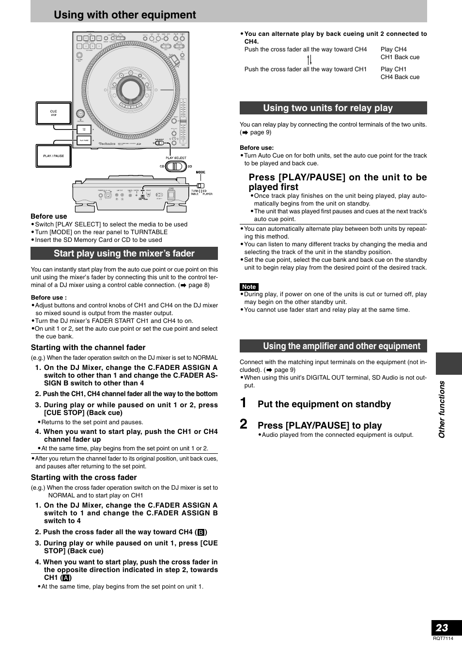 Using with other equipment, Start play using the mixer’s fader, Using the amplifier and other equipment | Put the equipment on standby, Press [play/pause] to play | Panasonic RQT7114-2Y User Manual | Page 23 / 28