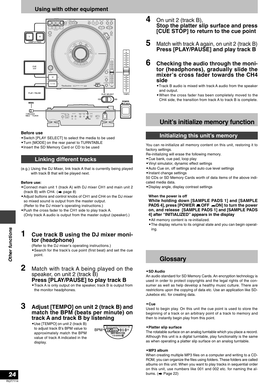 Unit's initialize memory function, Reference, Glossary | Panasonic RQT7114-2Y User Manual | Page 24 / 28