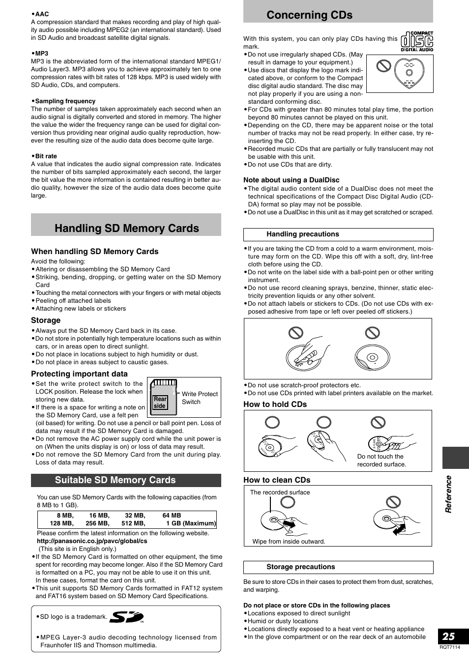 Handling sd memory cards, Concerning cds | Panasonic RQT7114-2Y User Manual | Page 25 / 28