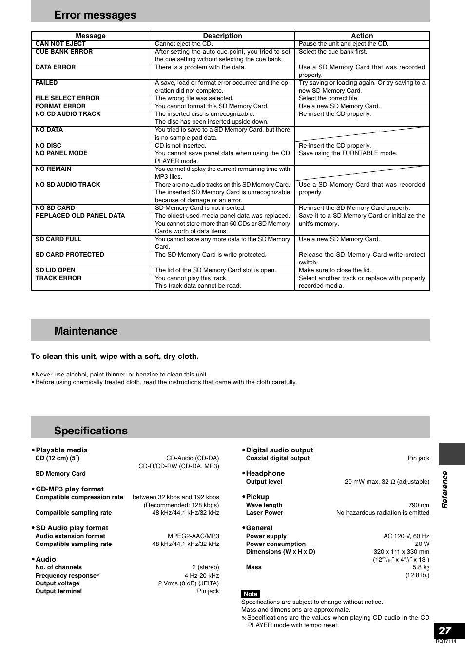 Error messages, Maintenance, Specifications | Reference | Panasonic RQT7114-2Y User Manual | Page 27 / 28