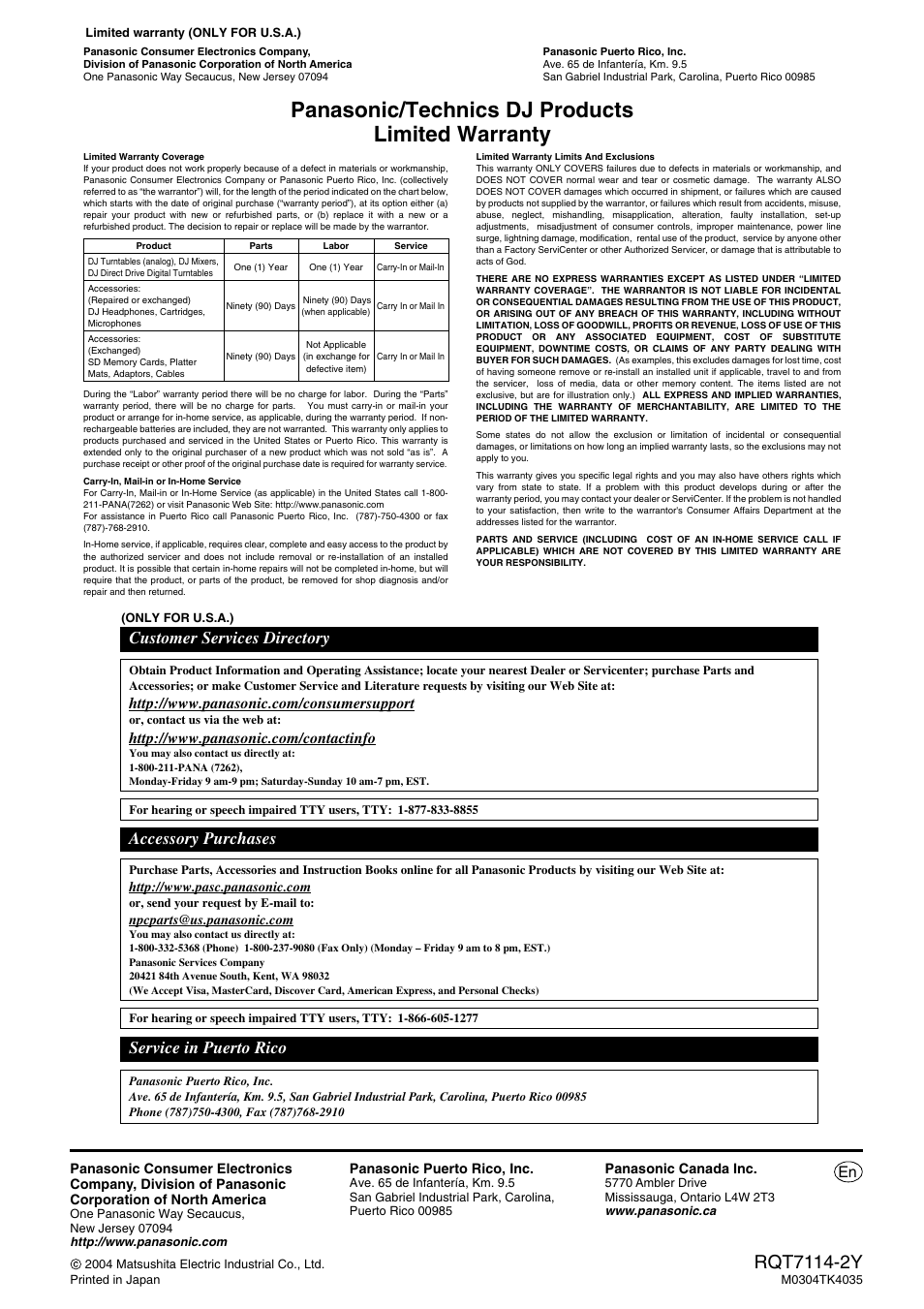 Warranty (u.s.a.), Panasonic/technics dj products limited warranty, Customer services directory accessory purchases | Service in puerto rico | Panasonic RQT7114-2Y User Manual | Page 28 / 28