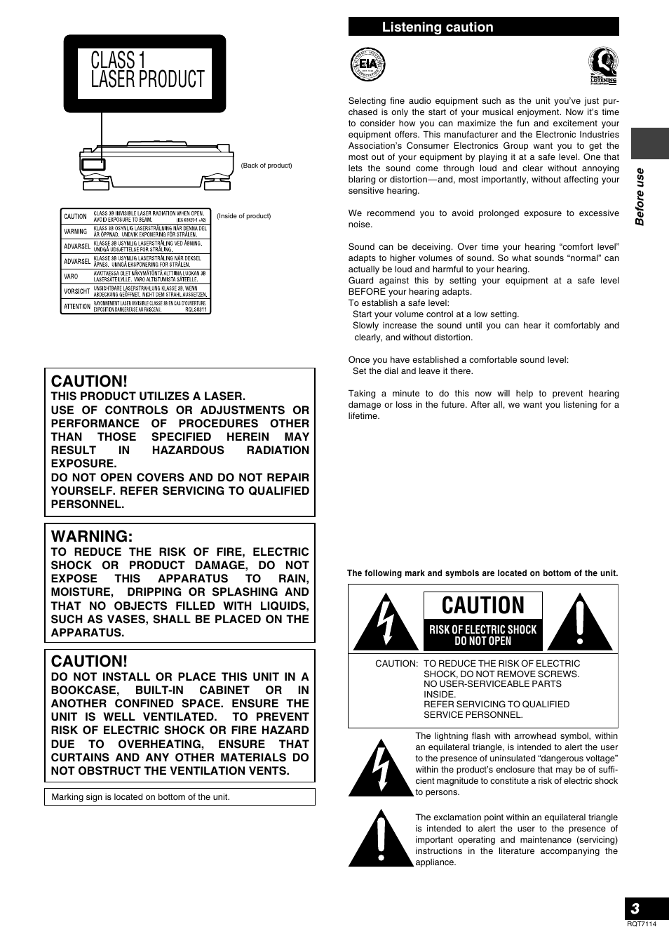 Listening caution, Class 1 laser product, Caution | Warning, Before use, Risk of electric shock do not open | Panasonic RQT7114-2Y User Manual | Page 3 / 28