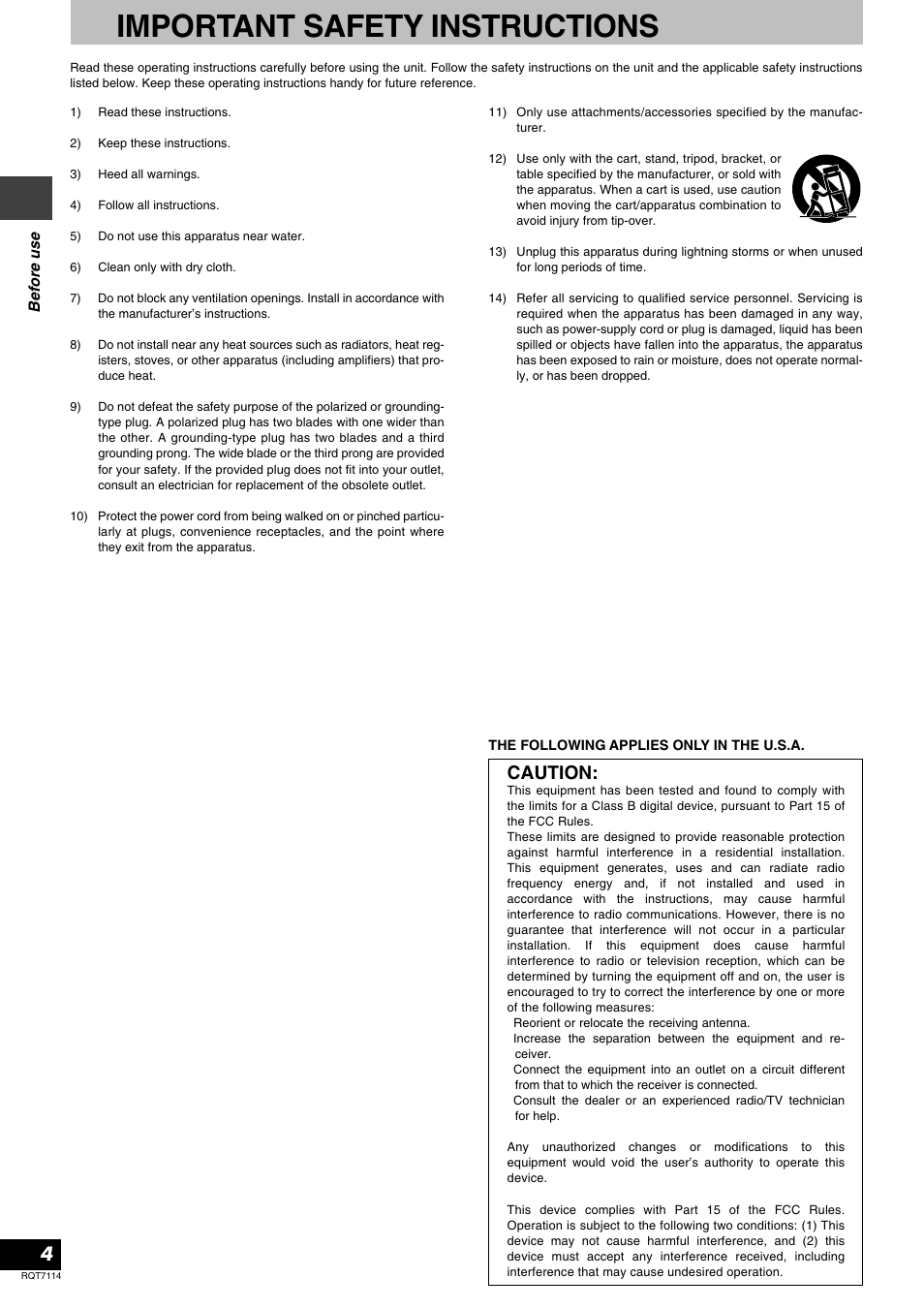 Important safety instructions, Caution | Panasonic RQT7114-2Y User Manual | Page 4 / 28