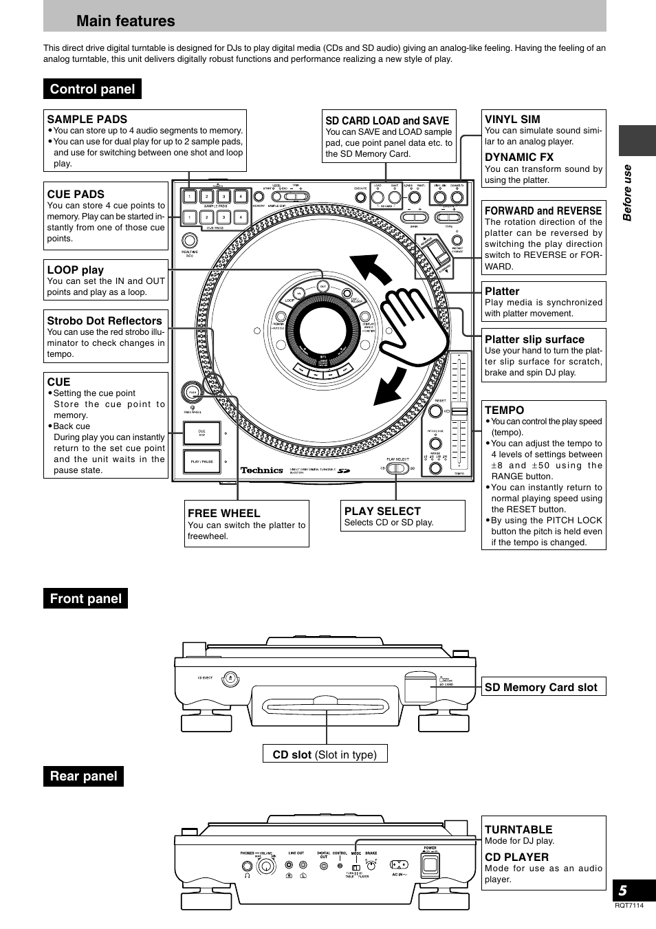 Main features, Control panel, Front panel rear panel | Panasonic RQT7114-2Y User Manual | Page 5 / 28