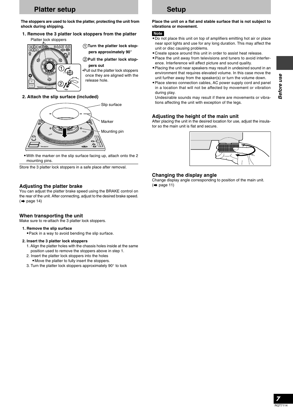 Platter setup, Setup | Panasonic RQT7114-2Y User Manual | Page 7 / 28