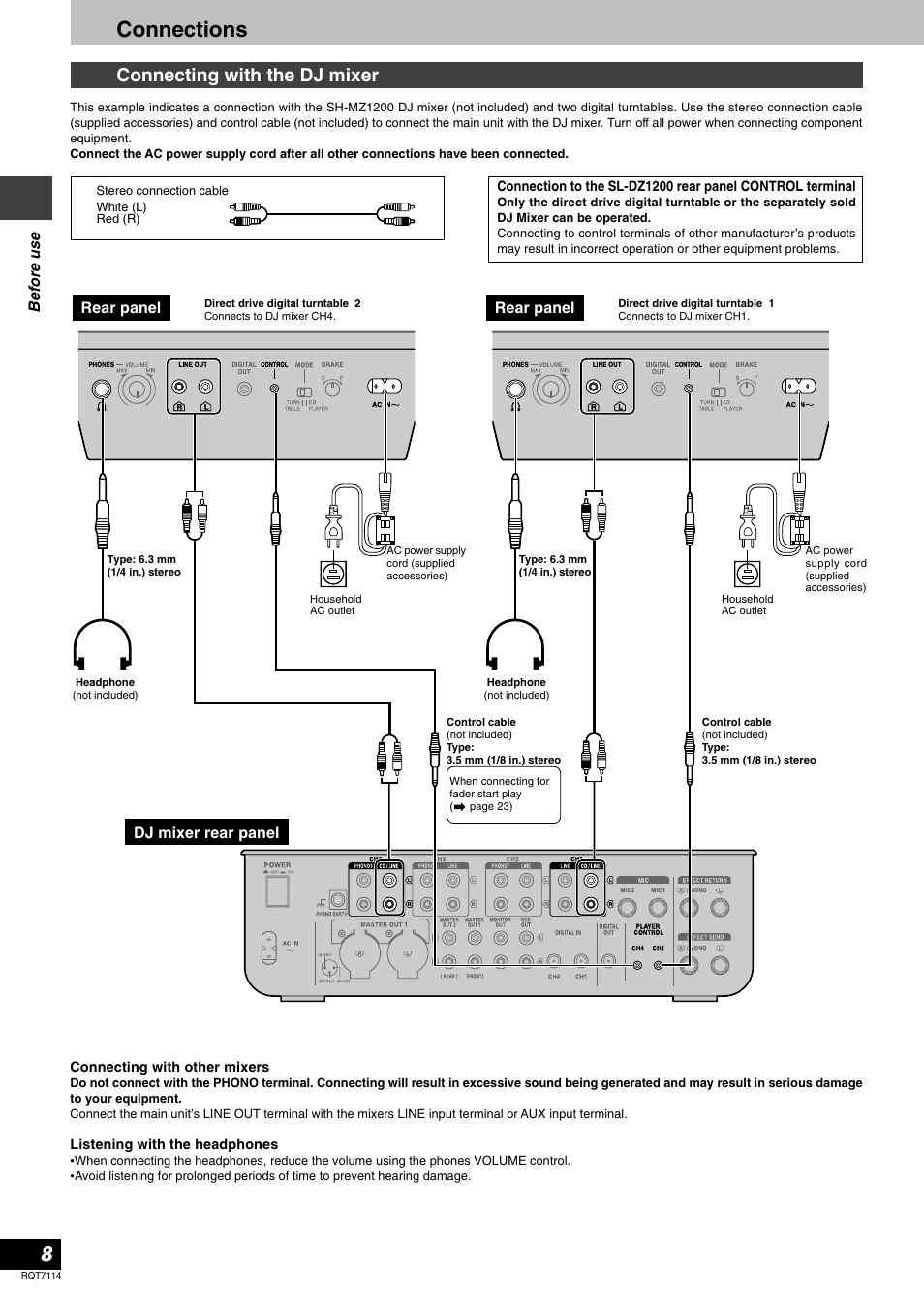 Connections, Connecting with the dj mixer | Panasonic RQT7114-2Y User Manual | Page 8 / 28