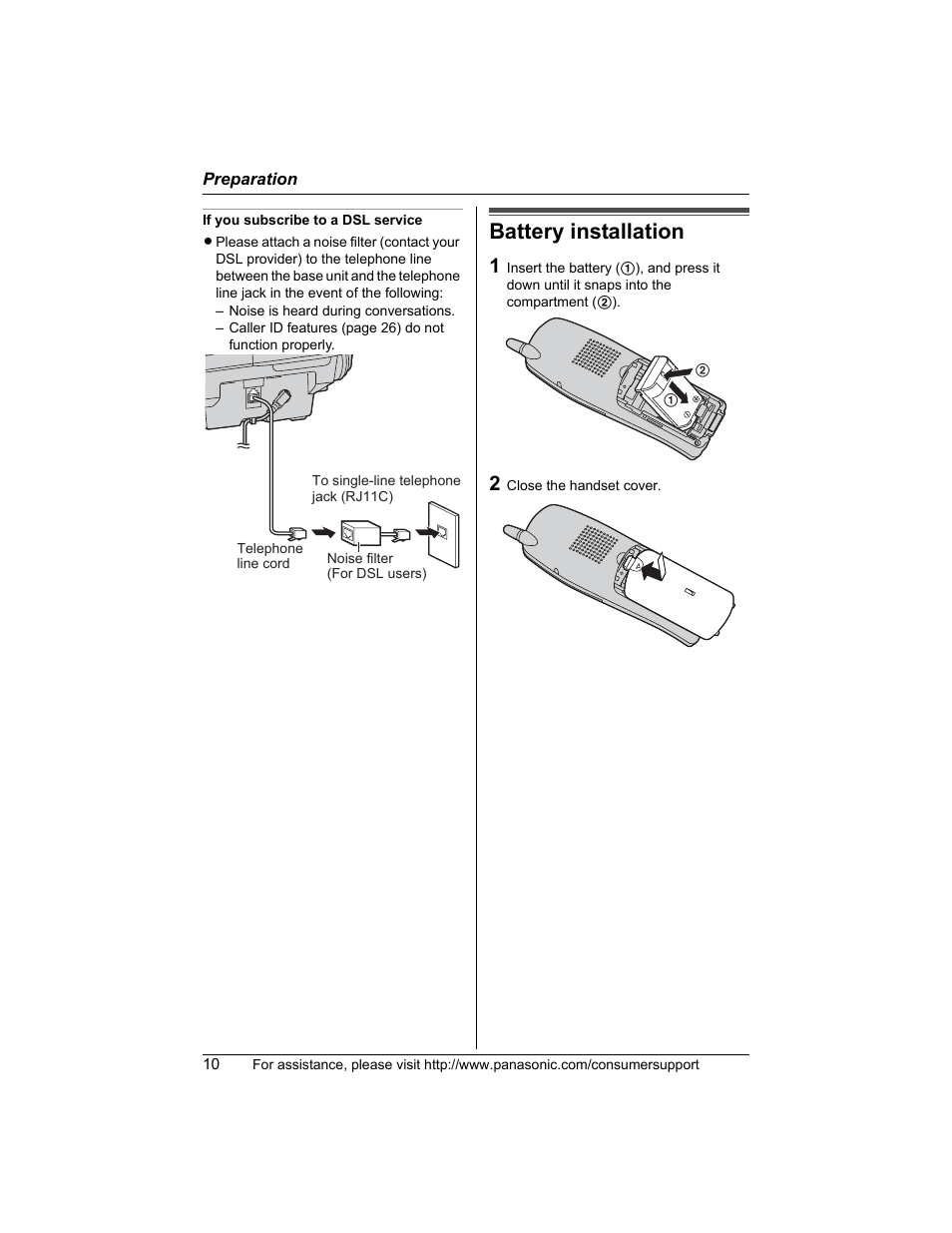 Battery installation | Panasonic KX-TG5456 User Manual | Page 10 / 76