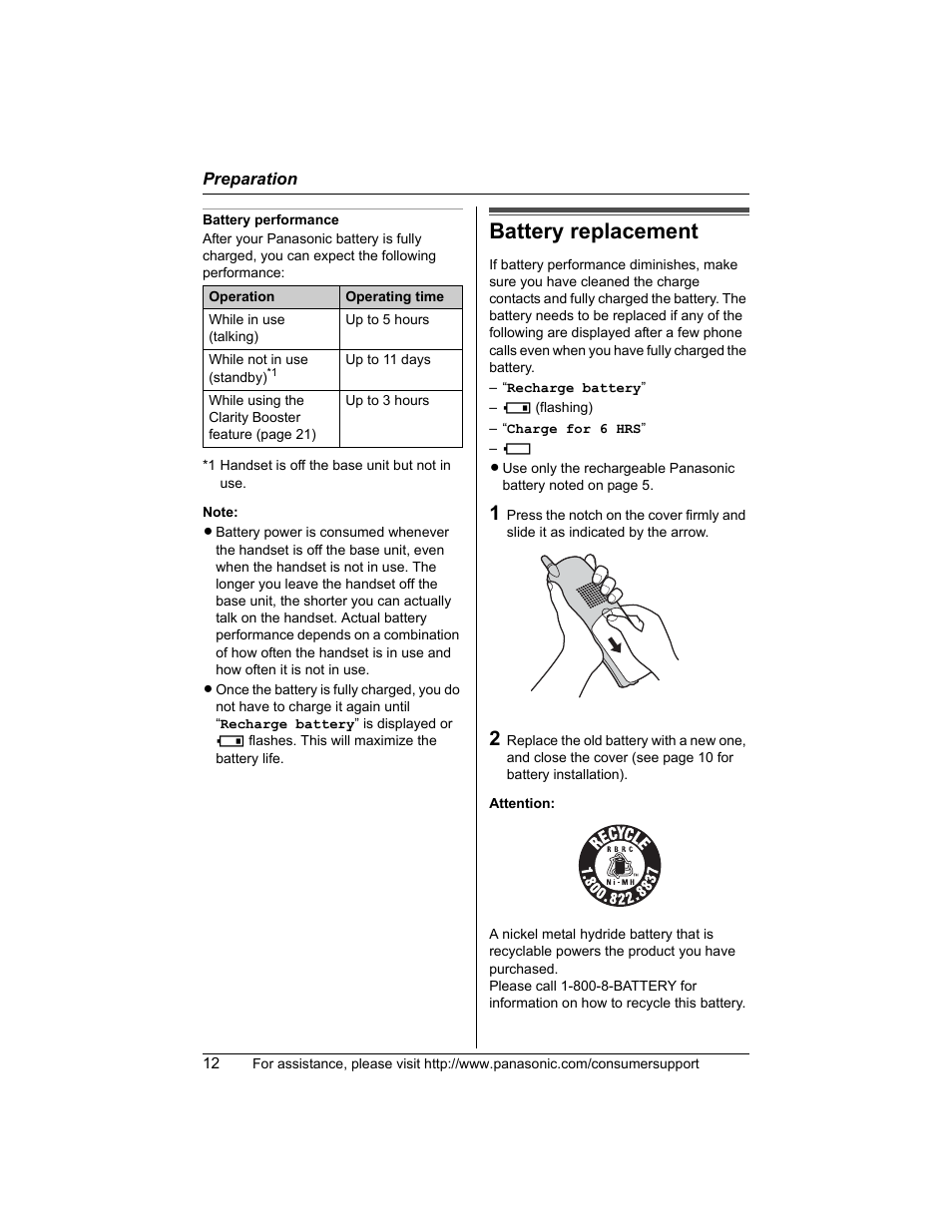 Battery replacement | Panasonic KX-TG5456 User Manual | Page 12 / 76