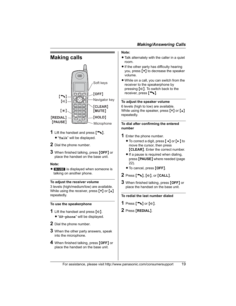 Making / answering calls, Making calls | Panasonic KX-TG5456 User Manual | Page 19 / 76