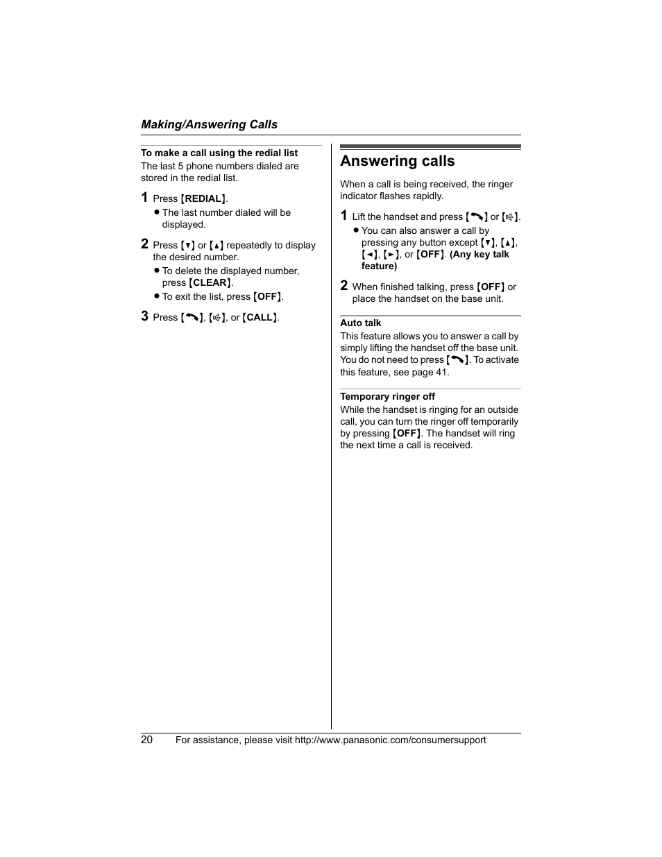 Answering calls | Panasonic KX-TG5456 User Manual | Page 20 / 76