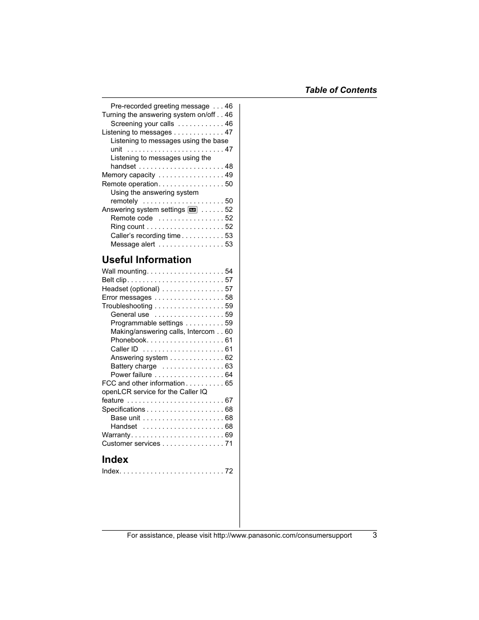 Useful information, Index | Panasonic KX-TG5456 User Manual | Page 3 / 76