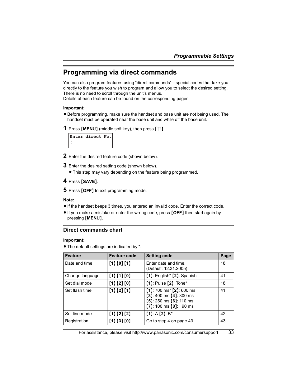 Programming via direct commands | Panasonic KX-TG5456 User Manual | Page 33 / 76