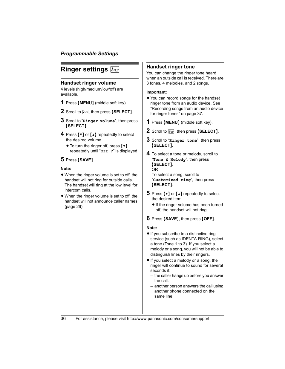 Ringer settings, Ringer settings k | Panasonic KX-TG5456 User Manual | Page 36 / 76