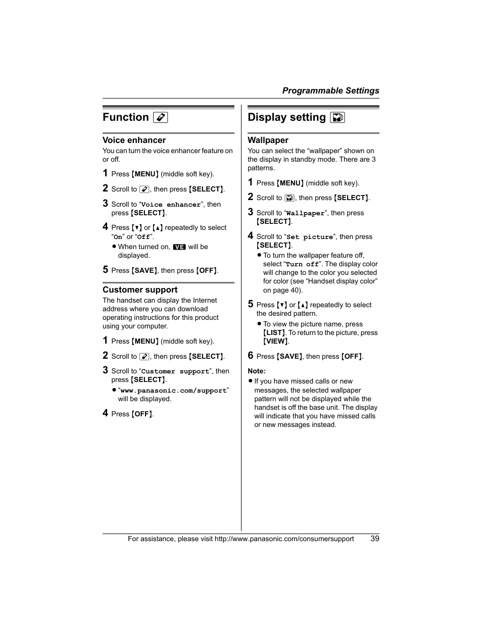 Function, Display setting, Function m | Display setting l | Panasonic KX-TG5456 User Manual | Page 39 / 76