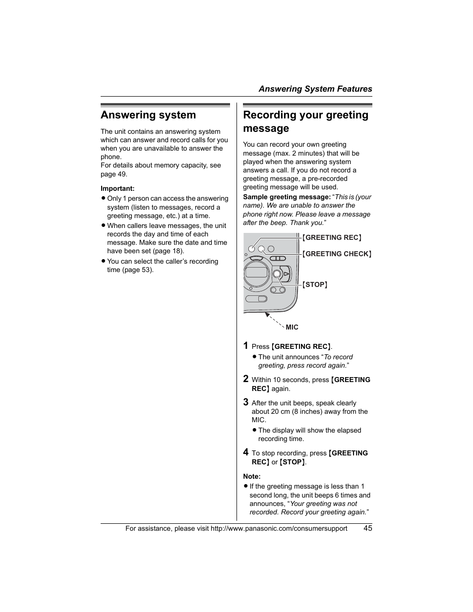 Answering system features, Answering system, Recording your greeting message | Panasonic KX-TG5456 User Manual | Page 45 / 76