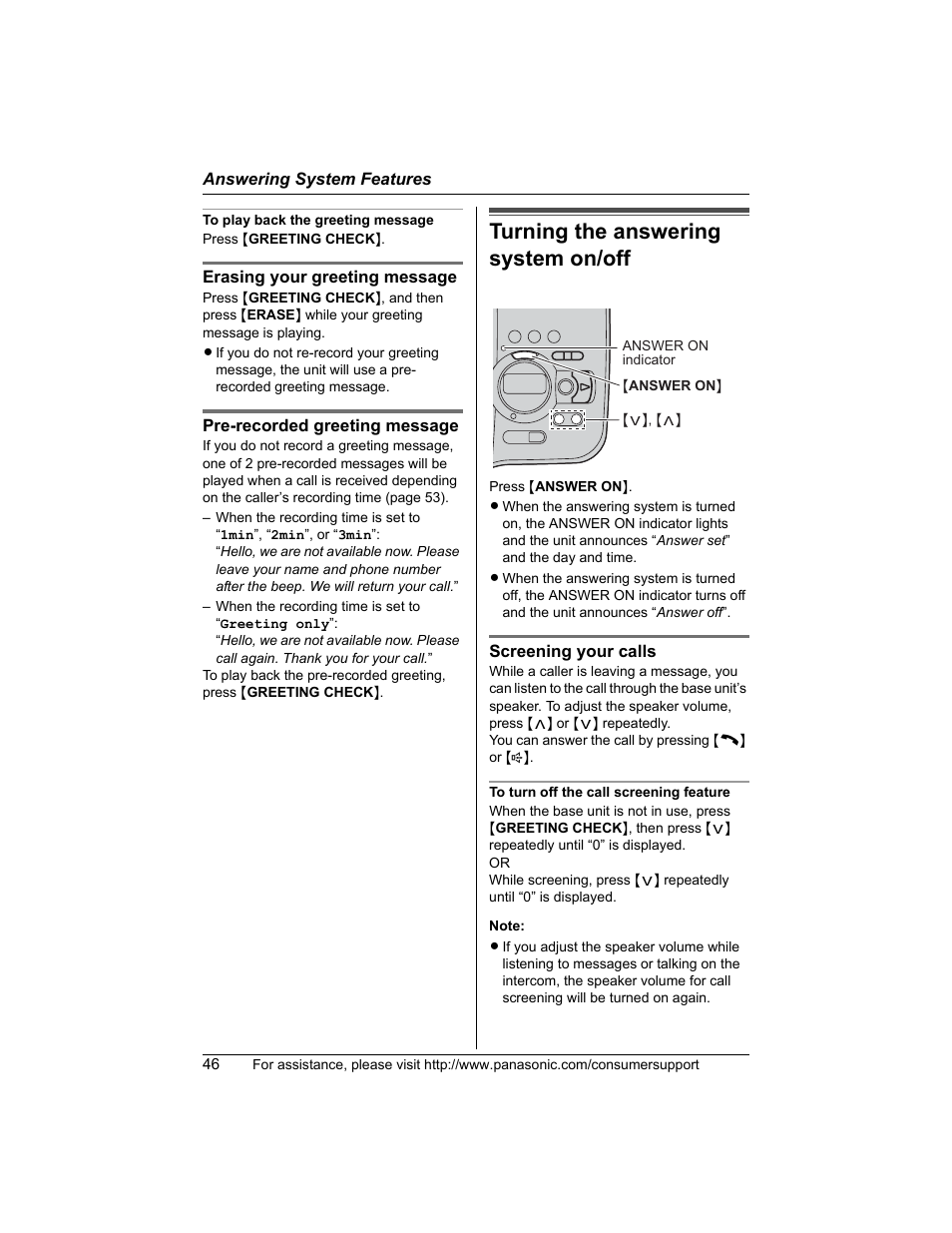 Turning the answering system on / off, Turning the answering system on/off | Panasonic KX-TG5456 User Manual | Page 46 / 76