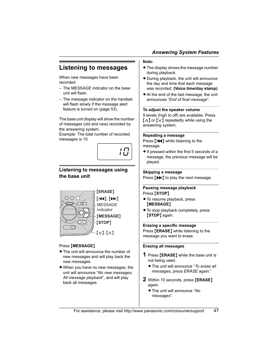 Listening to messages | Panasonic KX-TG5456 User Manual | Page 47 / 76