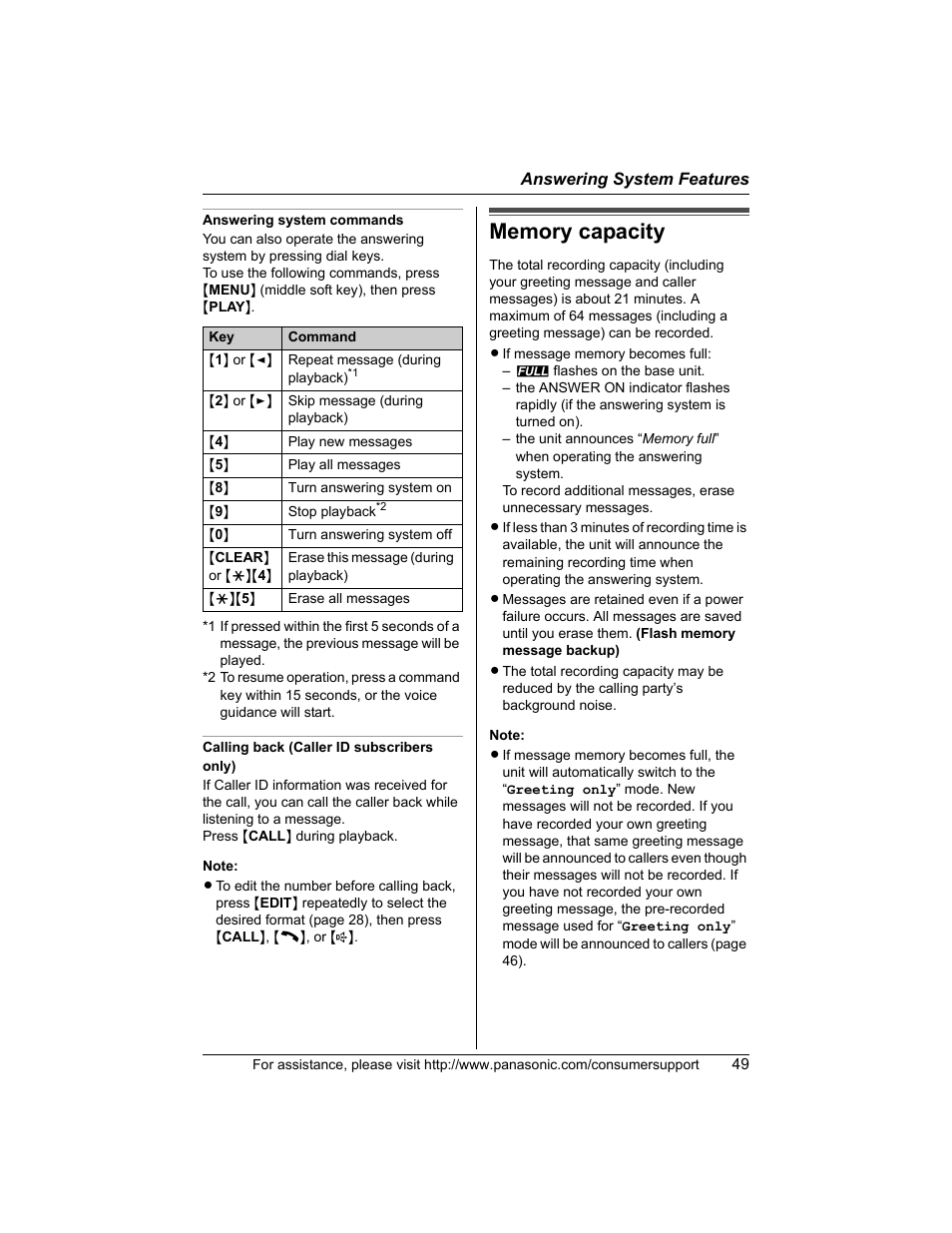 Memory capacity | Panasonic KX-TG5456 User Manual | Page 49 / 76