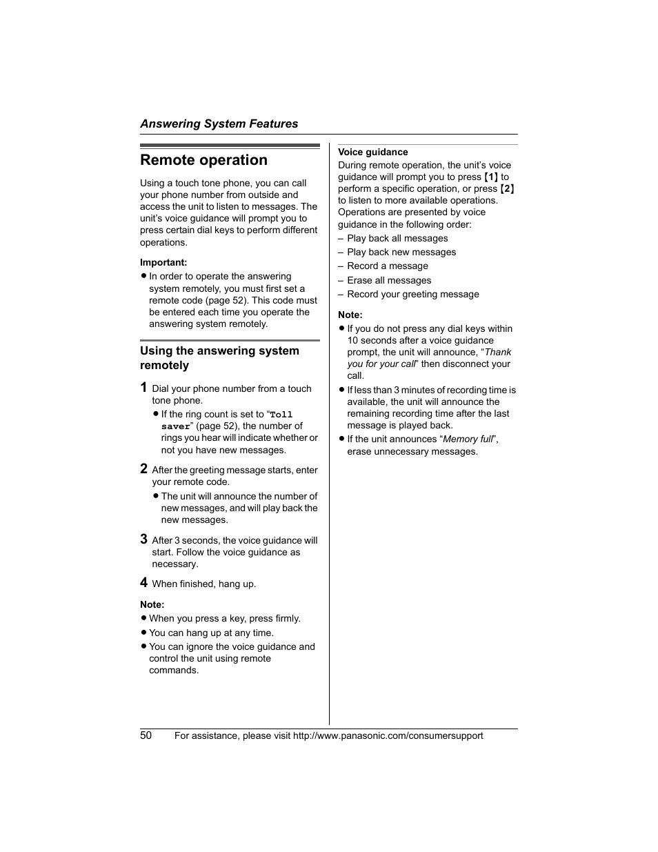 Remote operation | Panasonic KX-TG5456 User Manual | Page 50 / 76