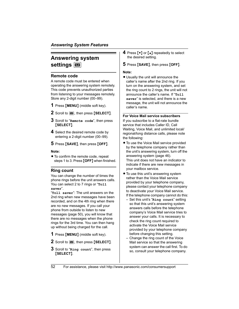 Answering system settings, Answering system settings j | Panasonic KX-TG5456 User Manual | Page 52 / 76