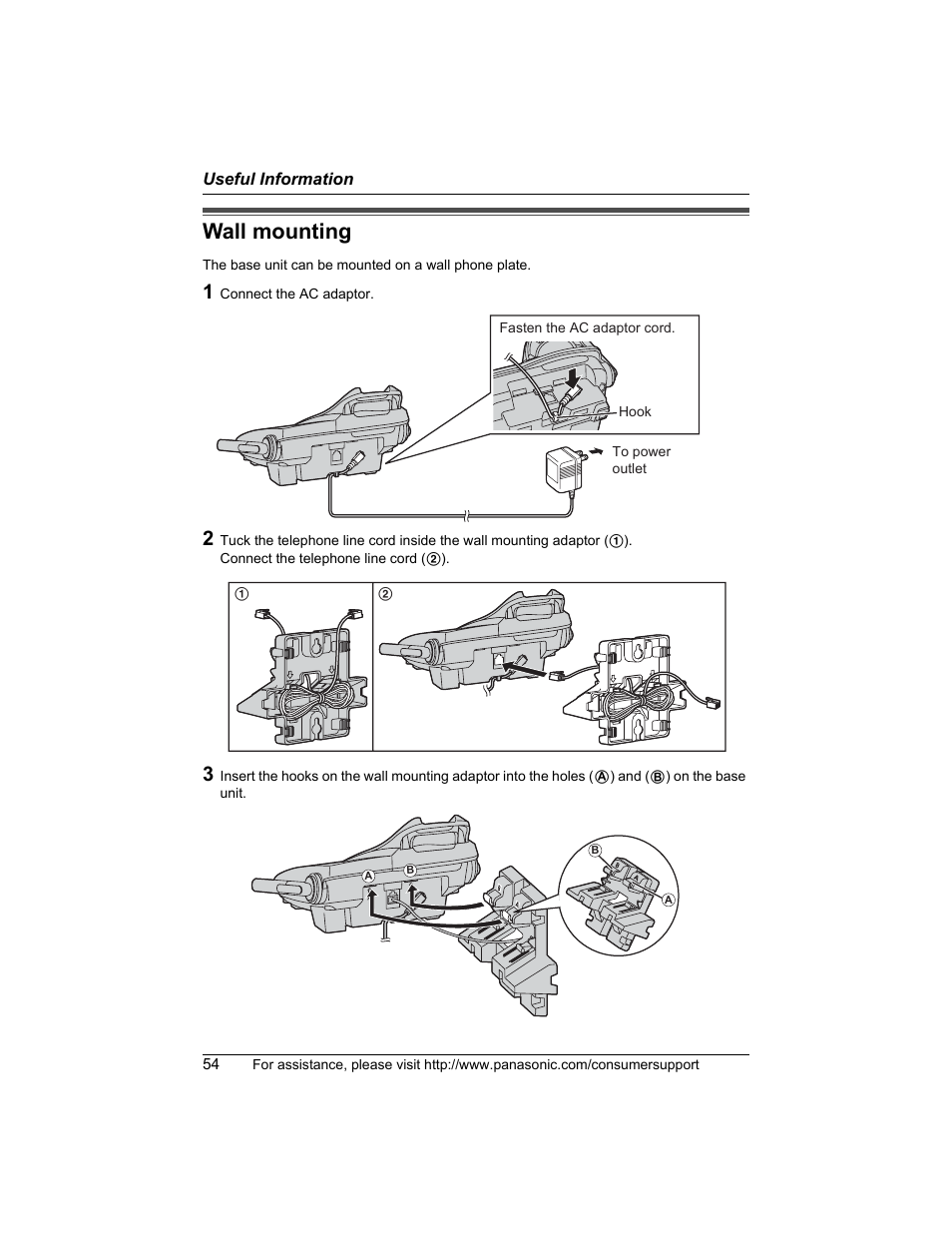 Useful information, Wall mounting | Panasonic KX-TG5456 User Manual | Page 54 / 76