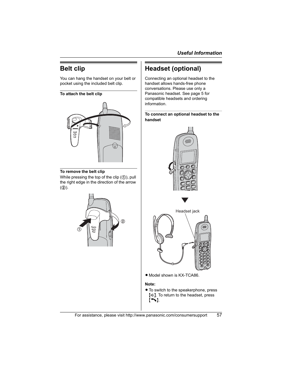 Belt clip, Headset (optional) | Panasonic KX-TG5456 User Manual | Page 57 / 76