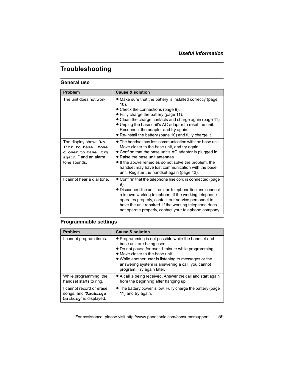 Troubleshooting | Panasonic KX-TG5456 User Manual | Page 59 / 76