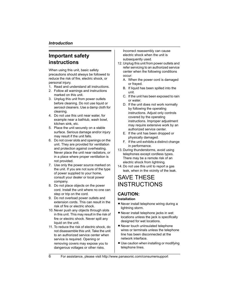 Important safety instructions, Save these instructions, Caution | Panasonic KX-TG5456 User Manual | Page 6 / 76