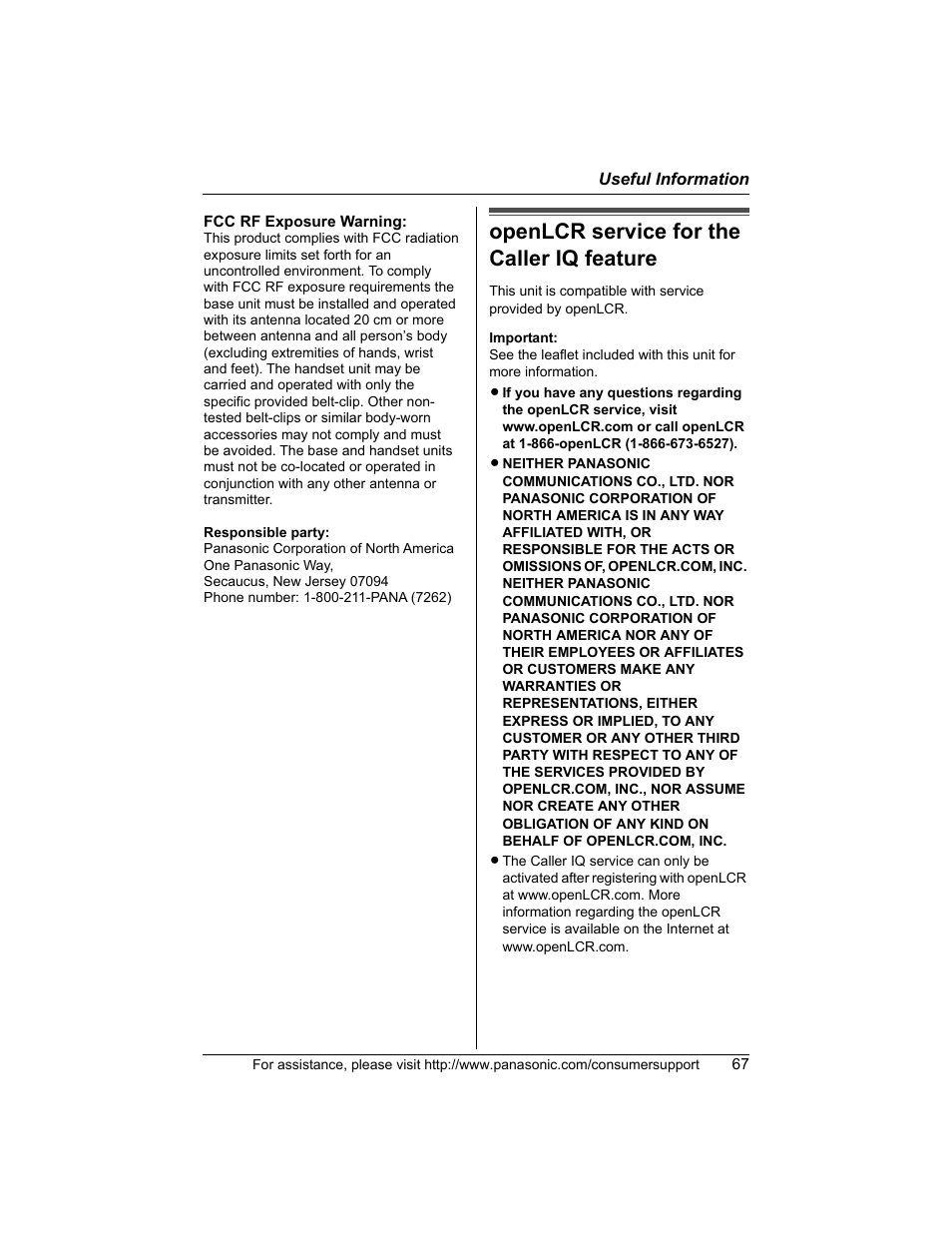 Open lcr service for the caller iq feature, Openlcr service for the caller iq feature | Panasonic KX-TG5456 User Manual | Page 67 / 76