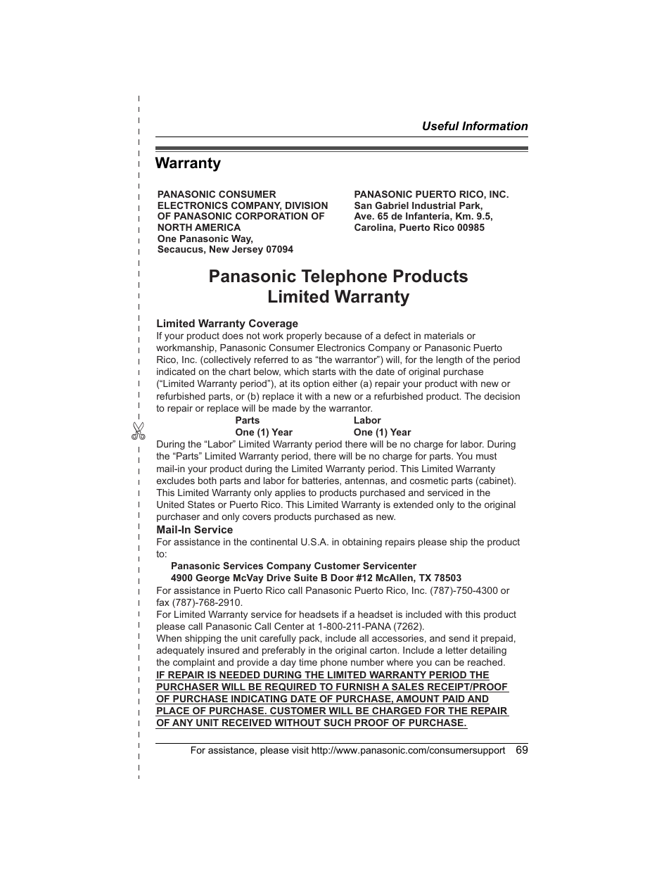 Warranty, Panasonic telephone products limited warranty | Panasonic KX-TG5456 User Manual | Page 69 / 76