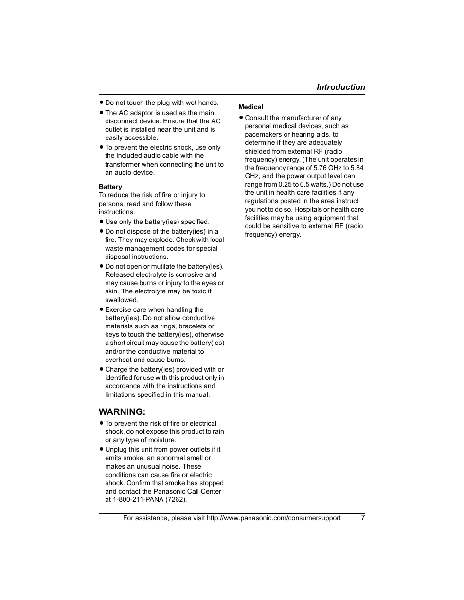 Warning | Panasonic KX-TG5456 User Manual | Page 7 / 76