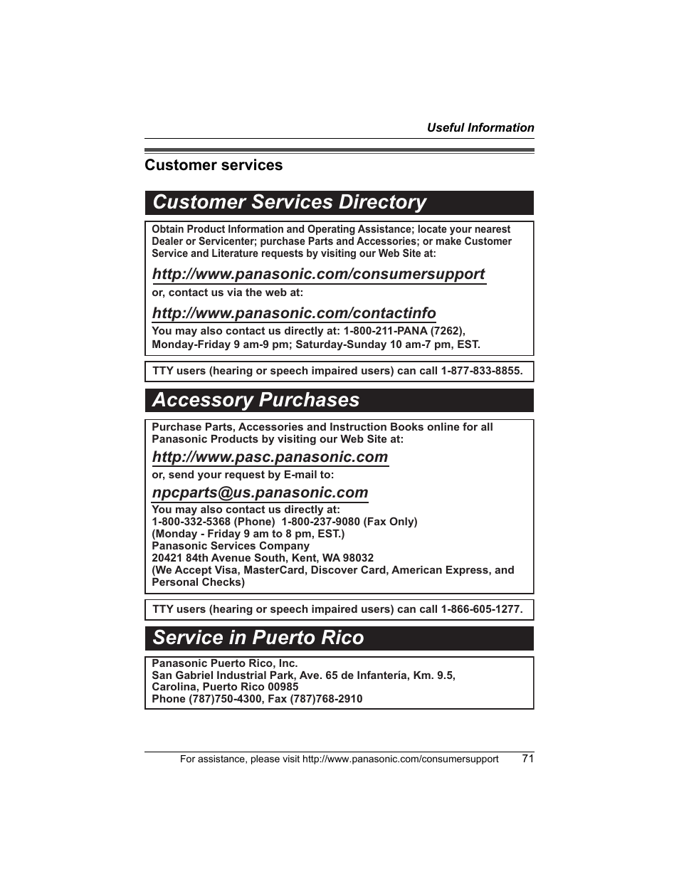 Customer services, Customer services directory, Accessory purchases service in puerto rico | Panasonic KX-TG5456 User Manual | Page 71 / 76