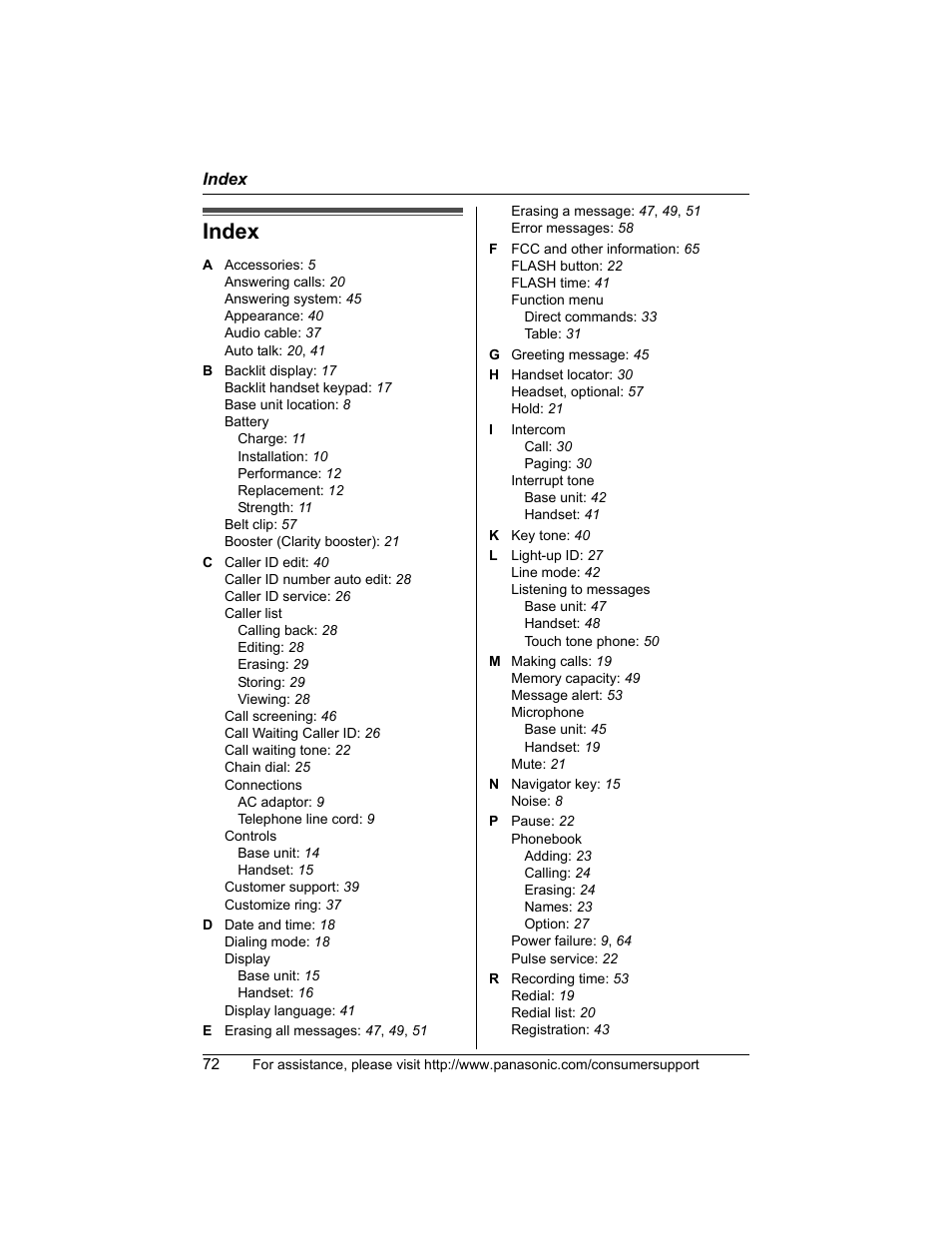 Index | Panasonic KX-TG5456 User Manual | Page 72 / 76